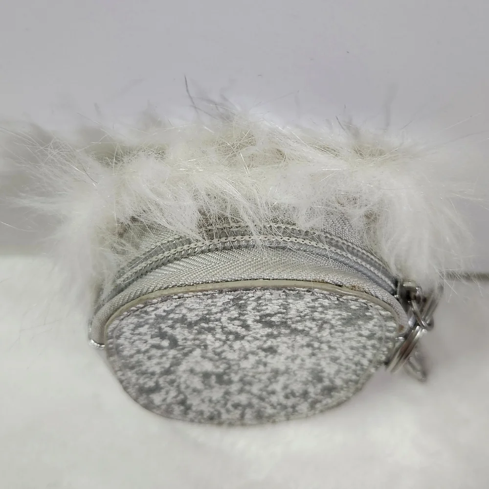 Target Owl Faux Leather Fur Trim White Silver Glitter Coin Purse Keychain NWOT